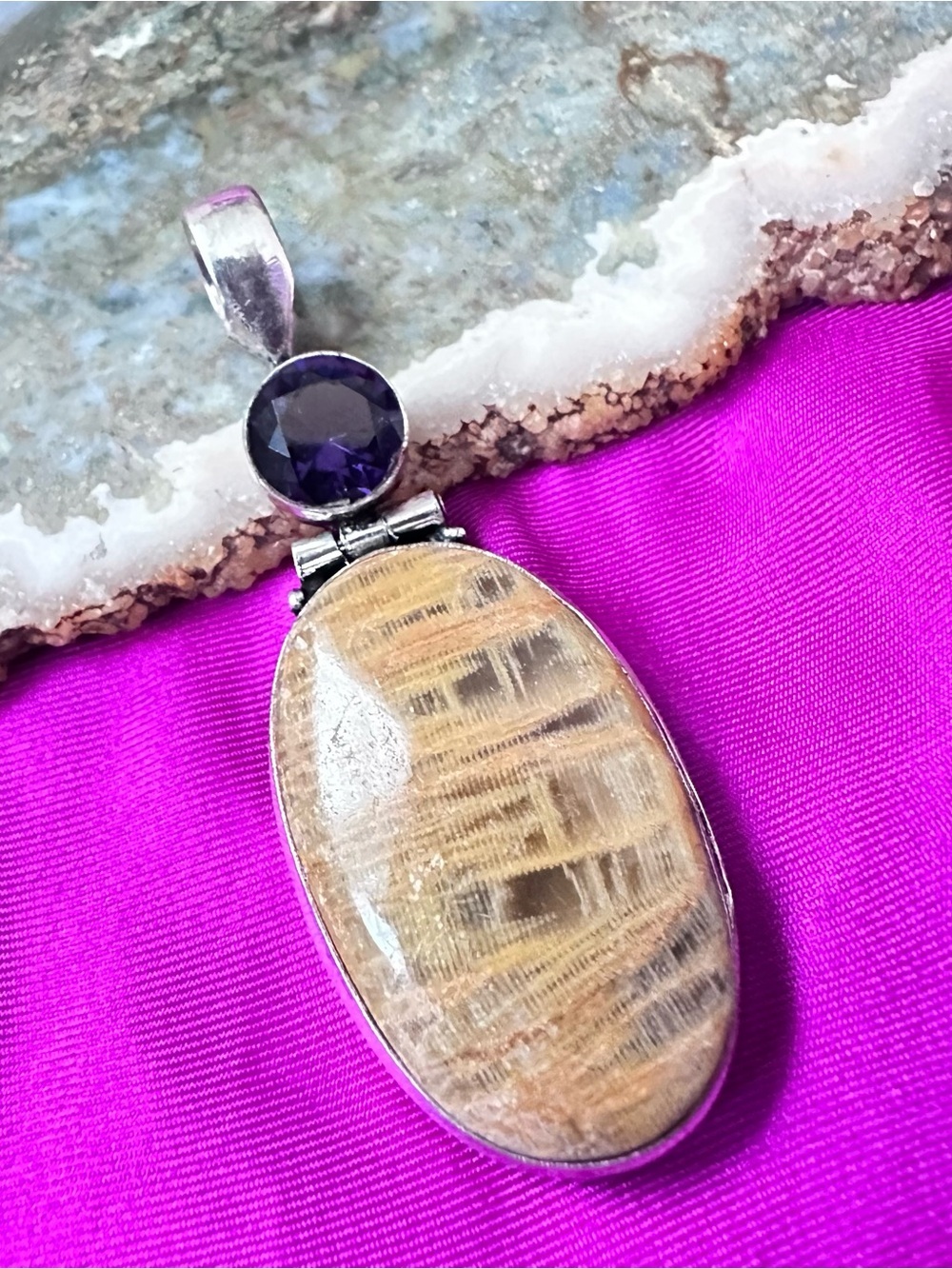 Artisan Sterling Pendant with BLACK MOONSTONE Tan and Purple Crystal